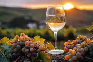 Free photo glass of  wine with stunning view of vineyard at sunset