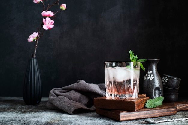 Glass with delicious sake and ice