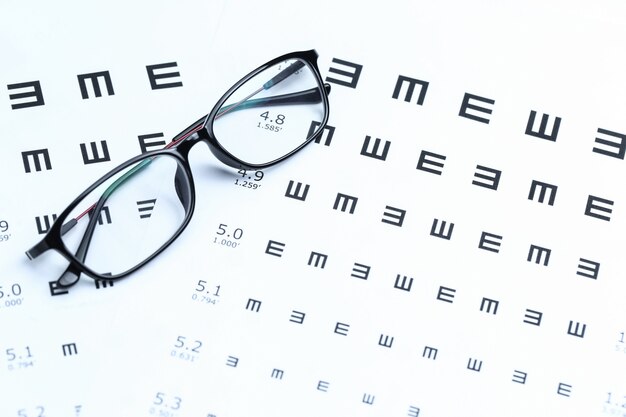 Glasses and eye chart on white background