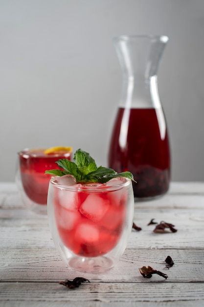 Free Photo glasses of refreshing hibiscus ice tea