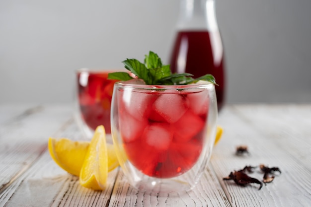 Glasses of refreshing hibiscus ice tea