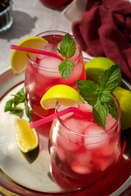 Glasses of refreshing hibiscus ice tea