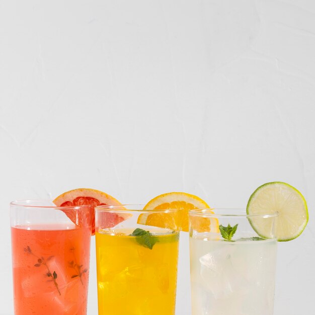 Glasses with fresh drinks with copy-space