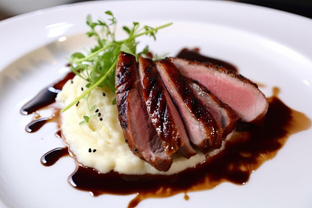 Glazed duck fillet with mashed potatoes and sauce served on a fancy restaurant plate