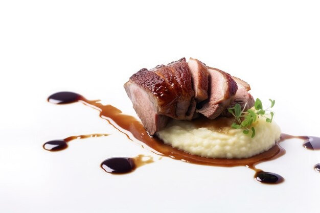 Glazed duck fillet with mashed potatoes and sauce served on white plate on white background Ai generative