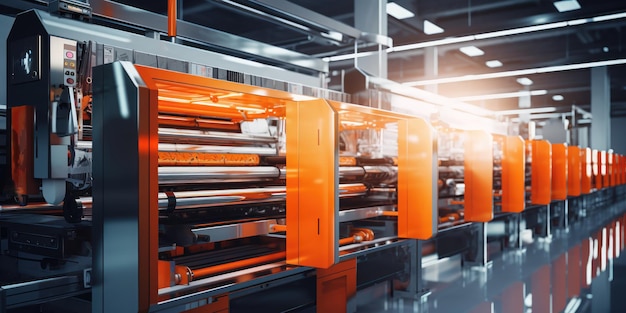 Free Photo a gleaming industrial printer with orange panels stands ready in a bright hightech factory