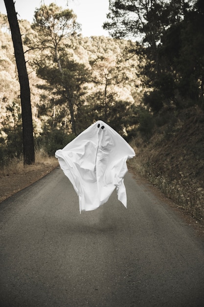 Free photo gloomy ghost levitating above countryside route