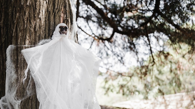 Gloomy ghost with skull face hanging on tree