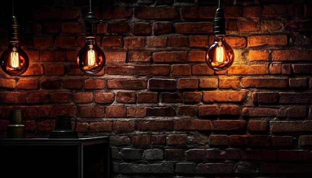 Glowing antique light bulb illuminates brick wall generated by AI