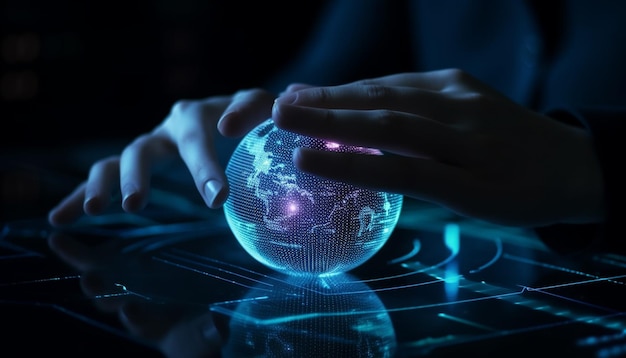 Glowing blue sphere held by human hand generated by AI