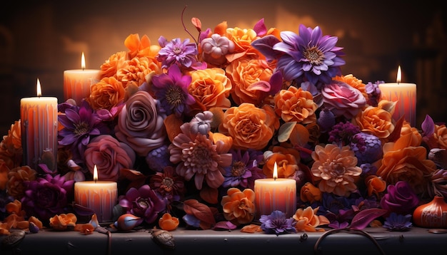 Free photo a glowing candle illuminates a still life of autumn beauty generated by artificial intelligence