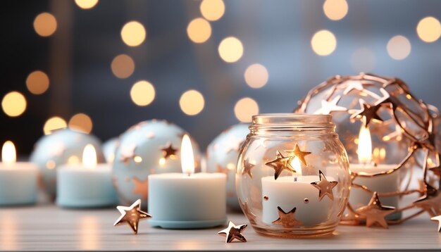 Glowing candle illuminates winter celebration brightening the dark night generated by artificial intelligence