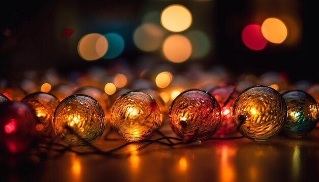 Glowing Christmas lights illuminate dark winter night generated by AI