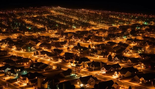 Glowing city skyline at night reflects on water generated by AI