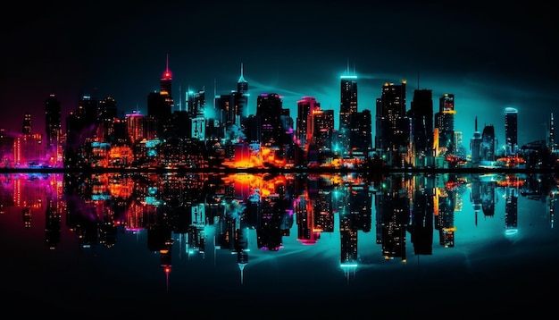 Free photo glowing city skyline reflects on the water generated by ai