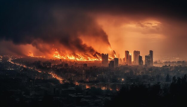 Glowing cityscape at dusk danger of destruction generated by AI