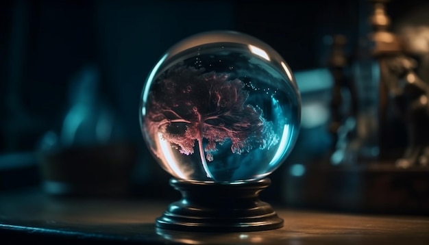 Glowing glass sphere reflects nature's illumination generated by AI