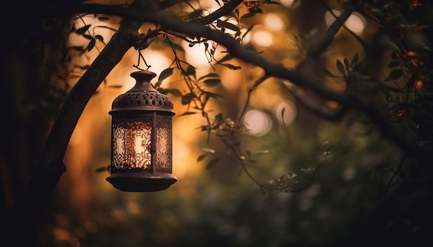 Glowing lantern hangs from old tree branch generated by AI