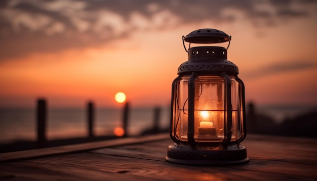 Free photo glowing lantern illuminates rustic wood table at dusk generated by ai