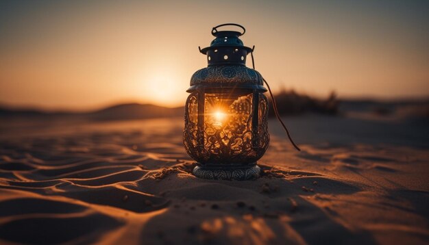 Free photo glowing lantern illuminates tranquil dusk on beach generated by ai