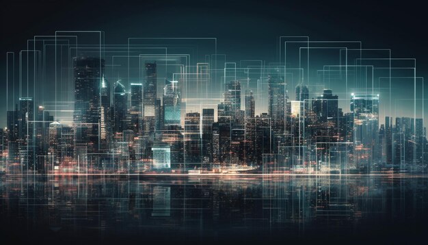 Glowing skyscrapers shape the modern cityscape backdrop generated by AI