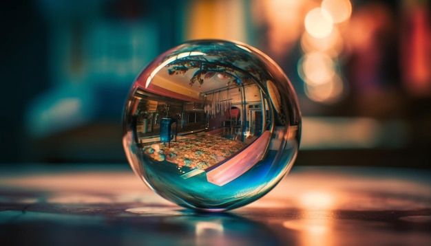 Free photo glowing sphere reflects city life at dusk generated by ai