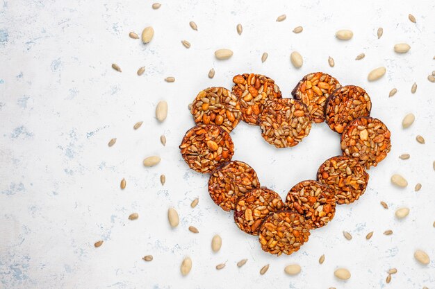 Gluten free nut candied cookies with chocolate,peanut and sunflower seeds,top view