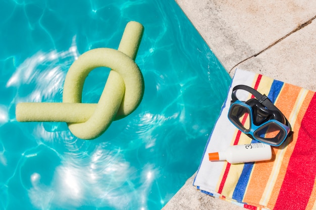 Goggles with lotion on towel near pool