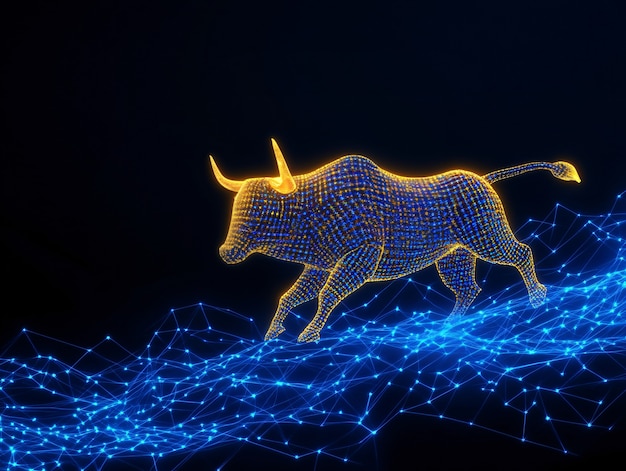 Free photo gold bull on backgrounds of graphics and elements related to the financial sector