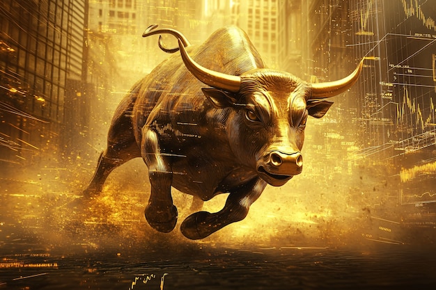 Free photo gold bull on backgrounds of graphics and elements related to the financial sector