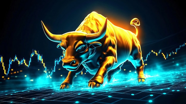 Free photo gold bull on backgrounds of graphics and elements related to the financial sector