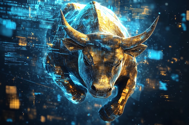 Free photo gold bull on backgrounds of graphics and elements related to the financial sector