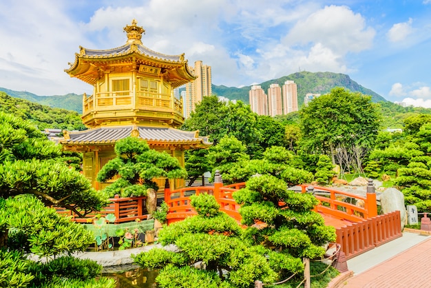 Gold Chinese pavilion at the park of Hong Kong 