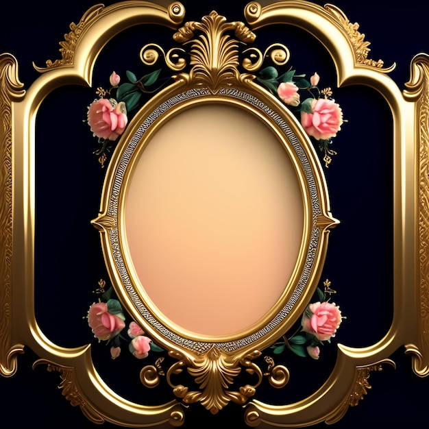 A gold frame with pink roses on it