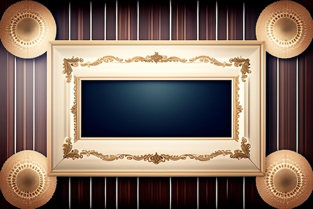 Free photo a gold frame on a wooden wall with a dark brown background.