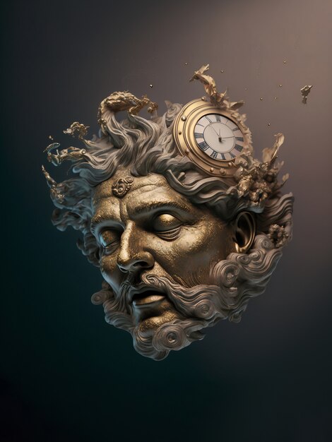 Gold greek god head with clock