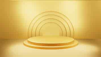 Free photo gold luxury podium color d background with geometric shapes circle display empty pedestal on one flo