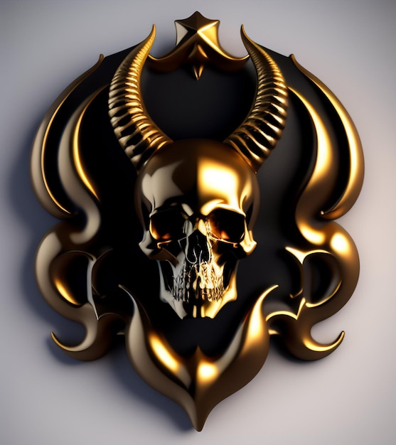 Free photo a gold skull with horns and horns is displayed in a 3d model.