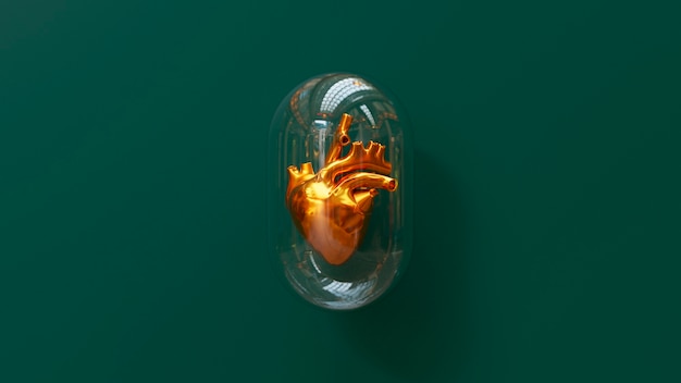 Golden anatomical heart in jar top view