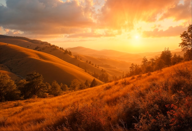 Free Photo golden autumn landscape at dawn