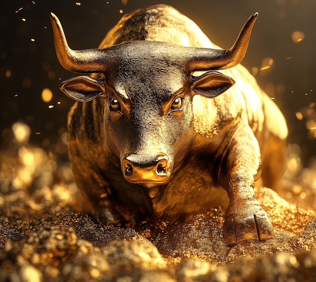 Free photo golden bull with graphic elements related to the financial sector