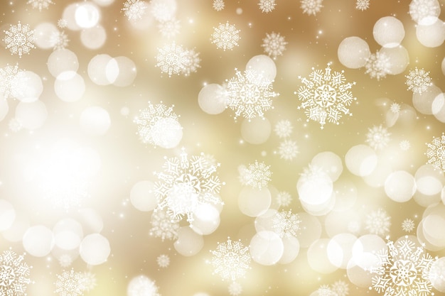 Free photo golden christmas background with bokeh lights and snowflakes design