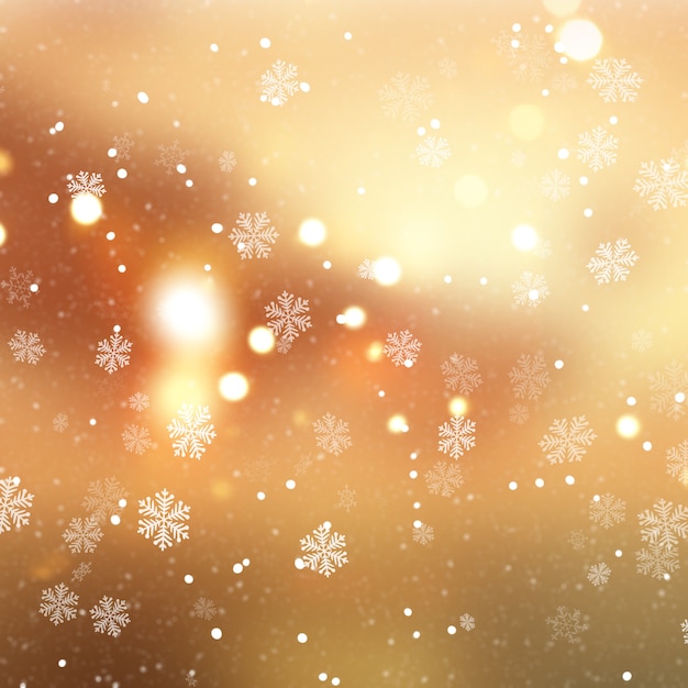 Golden Christmas background with snowflakes and snow