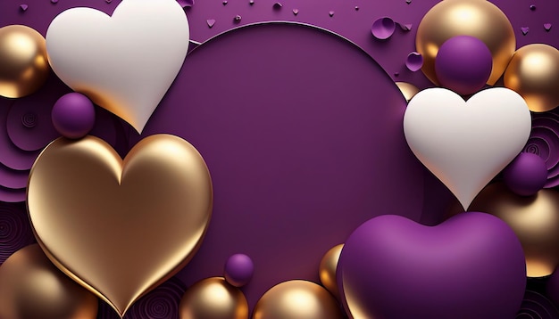 Free photo golden circle and balloons valentines day 3d purple background generative ai