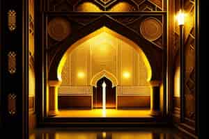 Free photo a golden door in a mosque with a large white arrow