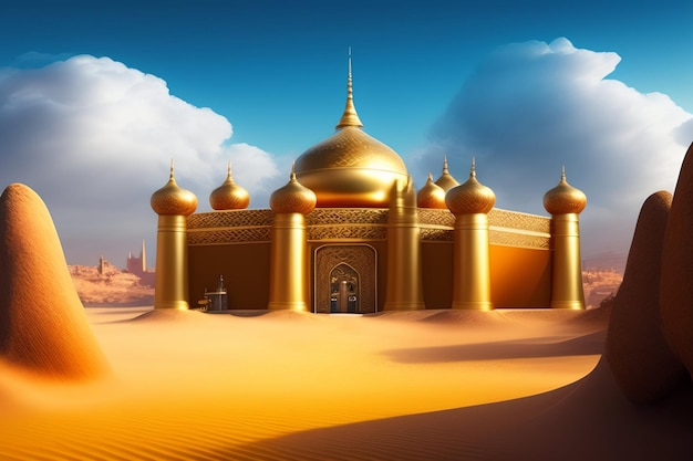 Free Photo a golden mosque in the desert with a blue sky and clouds.