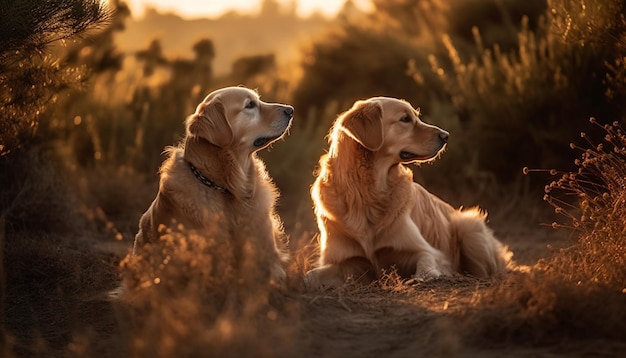 Free photo golden retriever and labrador playing in meadow generated by ai