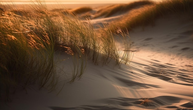 Golden sand dune ripples in tranquil sunset generated by AI