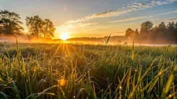 Free photo golden sunrise over a dewy field