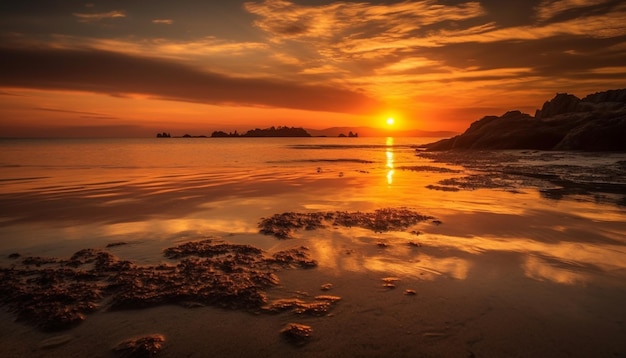 Free photo golden sunset over tranquil water reflecting the beauty of nature generated by artificial intelligence